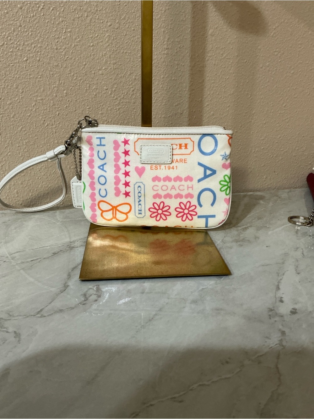 Coach Poppy Wristlet White Coated Canvas With Colorful Floral & Butterfly Print